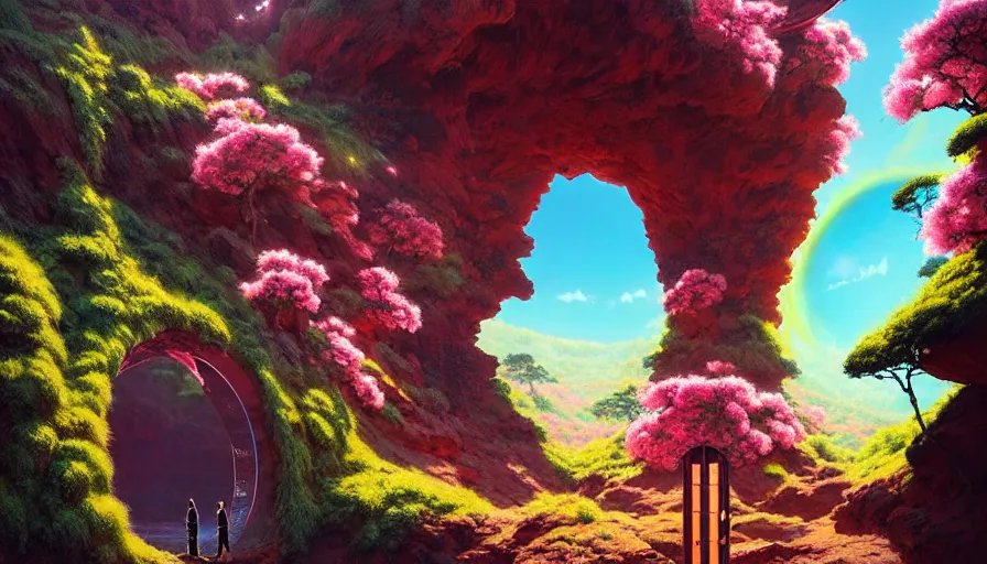 Image similar to a sakura portal appears out of nowhere in waimea canyon, inside the portal is a gateway to an alien world, otherworldly visuals, visually stunning, divine, scifi, by james jean, ruan jia, ilya kuvshinov, martine johanna, peter mohrbacher