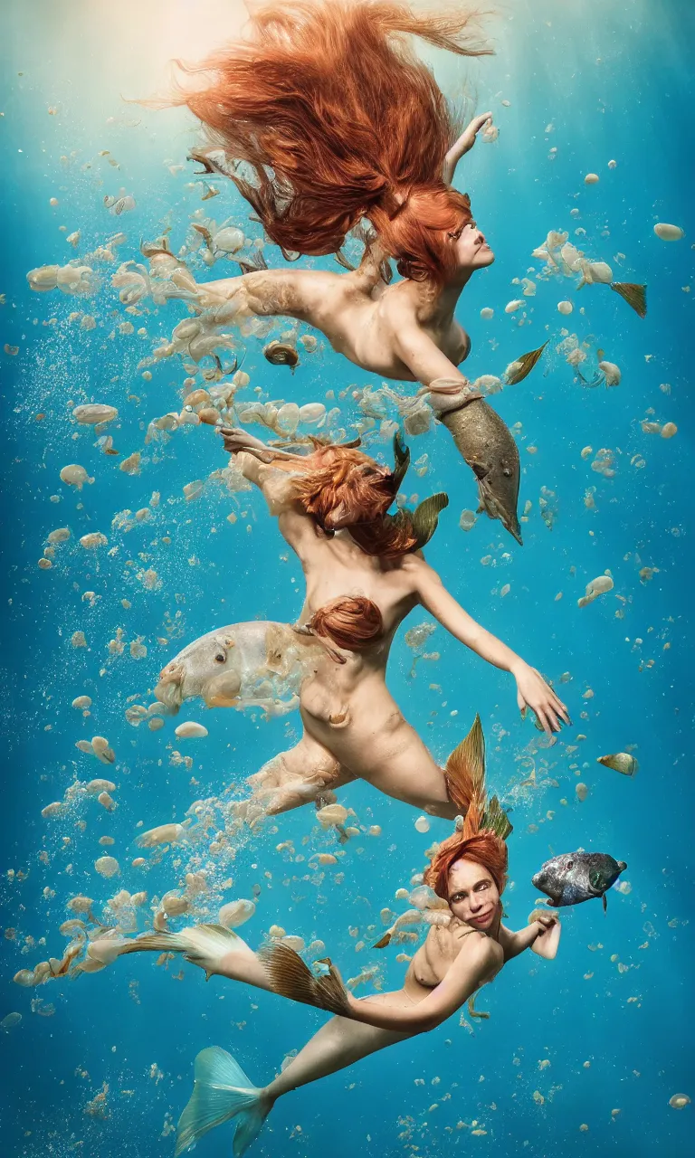 Image similar to surrealistic mermaid, half fish half woman , woman with fish head, diving in the air rounded by jelly clouds made by national geographic underwater photographer 4k, 8k,