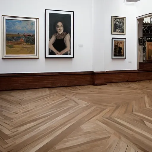 Prompt: a giant pile of cardboard boxes in a white room with a parquet floor which is an art gallery featuring a painting by anthony copely, interior photograph