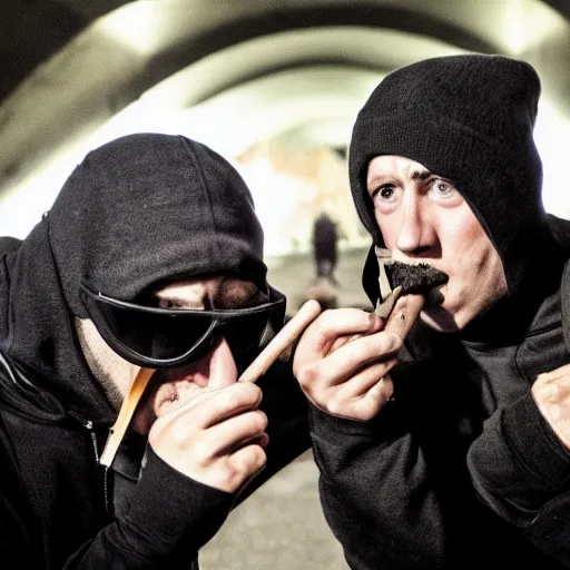 Prompt: two thugs smoking and drinking in a long dark tunnel wearing balaclavas, drum & bass, football hooligans
