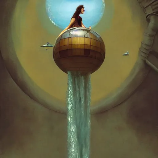 Image similar to woman in flight suit plunging into an abyss, bubbles, currents, dyson sphere, wet reflections, prism, atmospheric, ambient, pj crook, syd mead, livia prima, artgerm, greg rutkowski, nick alm, casey baugh