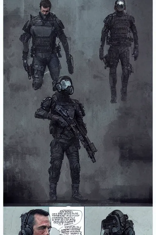 Image similar to Bruce. blackops mercenary in near future tactical gear, stealth suit, and cyberpunk headset. Blade Runner 2049. concept art by James Gurney and Mœbius.