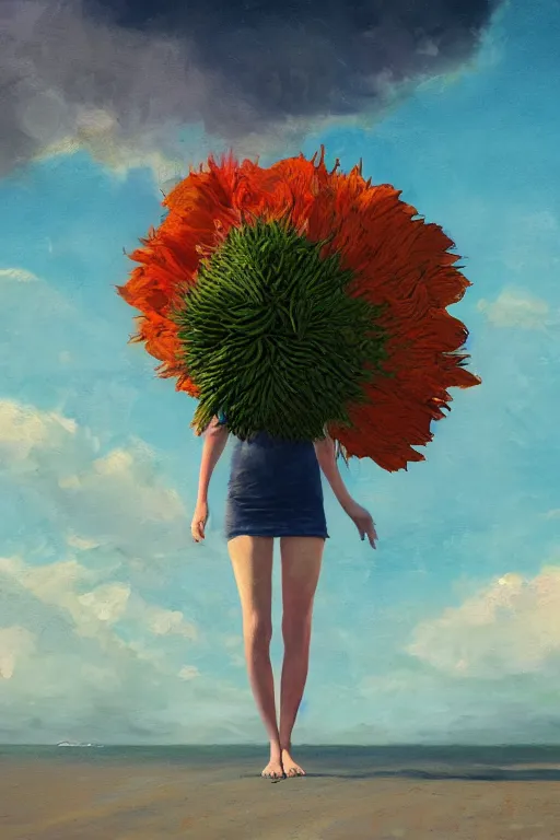 Prompt: closeup, enormous flower head, a girl on beach, surreal photography, wind and cold, dramatic sky, impressionist painting, digital painting, artstation, simon stalenhag