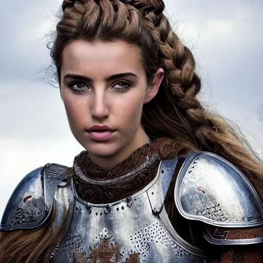 Prompt: head and shoulders portrait of a female knight, ana de armas, breastplate, celtic braid, face detail, extremely detailed, vogue fashion photo