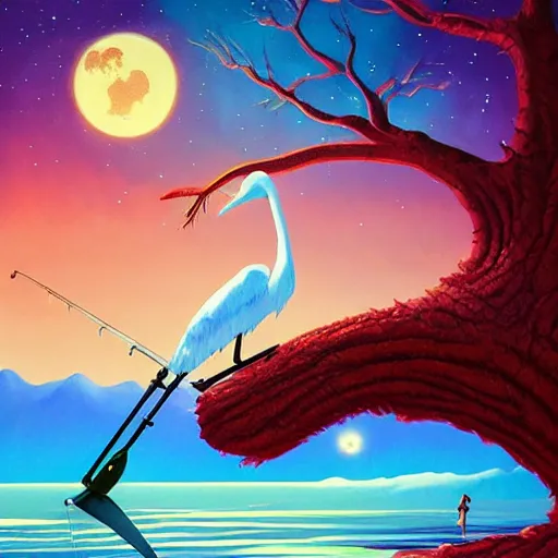 Image similar to an acrylic painting of a giant stork on a fishing pole on a wizard in the woods by a demon tree,, poster art by rhads, behance contest winner, psychedelic art, cosmic background