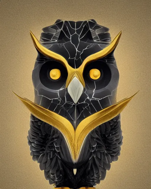 Prompt: symmetrical painting of a fractured obsidian greek statue of an owl fixed with kintsugi, rendered in octane trending on cgsociety. extremely detailed and intricate art