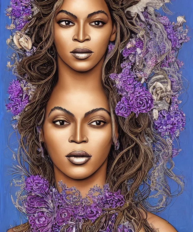 Image similar to facial portrait of Beyonce as a young pretty woman in flowing dress, arrogant, mysterious, long fine flowing hair, delicate, looking at camera, slightly awkward smile, realistic face, no hands visible, intricate, stylish, elegant, grimdark fantasy, flowers, extremely detailed painting by Martine Johanna and Ernst Haeckel and Greg Rutkowski