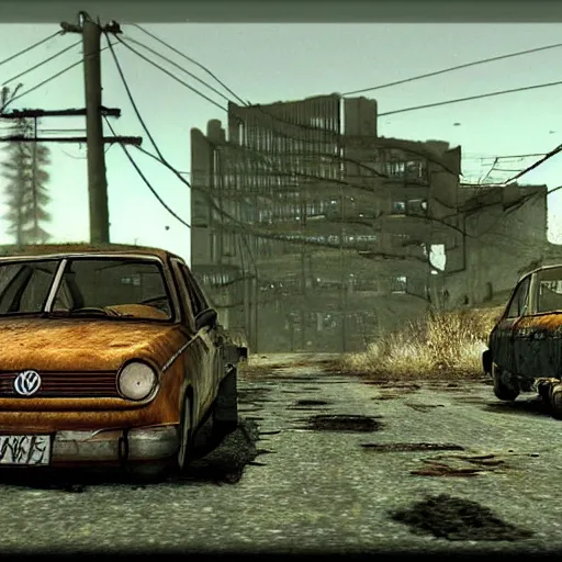 Image similar to Rusty Volkswagen Golf, screenshot from game Fallout 2 (1998), postapocalyptic