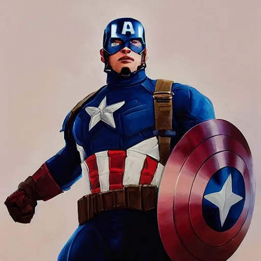 Image similar to greg manchess portrait painting of heavily armored captain america as overwatch character, totally whack, medium shot, asymmetrical, profile picture, organic painting, sunny day, matte painting, bold shapes, hard edges, street art, trending on artstation, by huang guangjian and gil elvgren and sachin teng