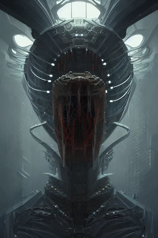 Prompt: professional concept art symmetrical portrait of a horrendous robotic fractal predatory species in a dark room by artgerm and greg rutkowski. an intricate, elegant, highly detailed digital painting, concept art, smooth, sharp focus, illustration, in the style of cam sykes.