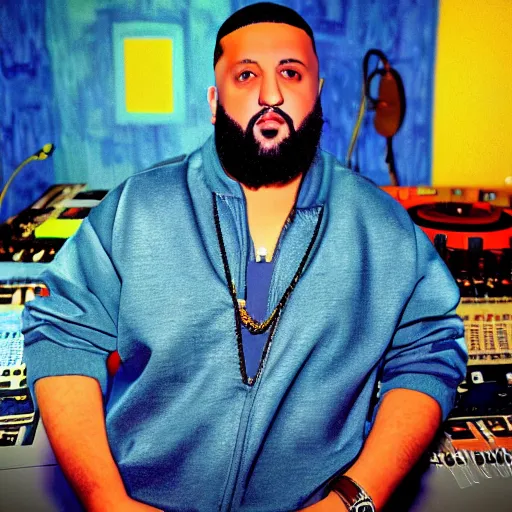Image similar to ultra detailed portrait photo of dj khaled in a studio, blue, under red and yellow cinematic lighting, by van gogh, cartoon