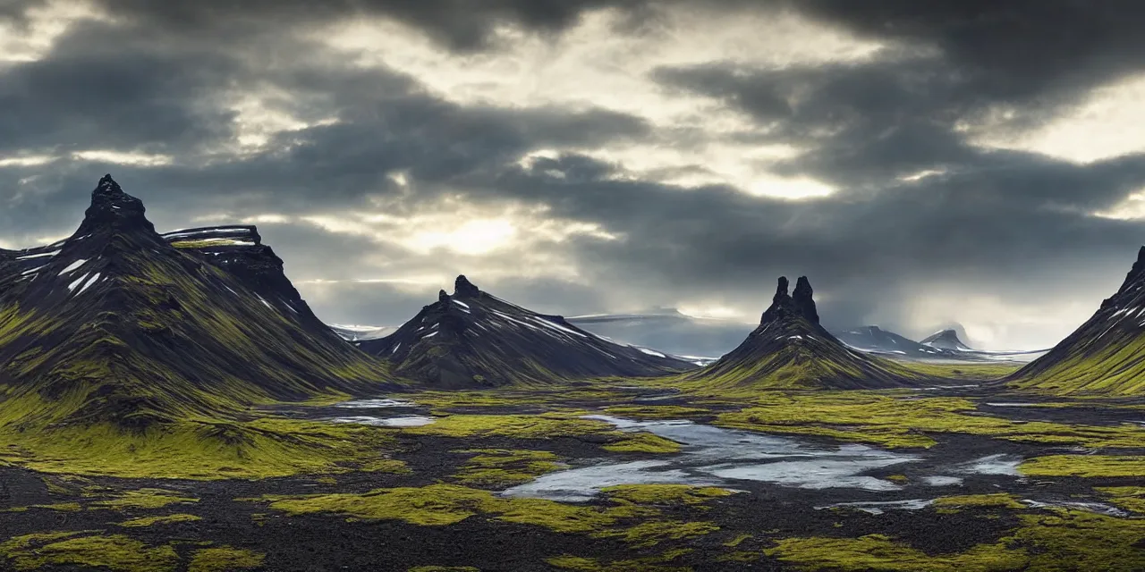 Image similar to iceland highlands in the summer by dylan cole, matte painting with high detail, ground level, sci - fi star wars megacity with dramatic lighting and dramatic sky, 4 k, cinematic cinematography.