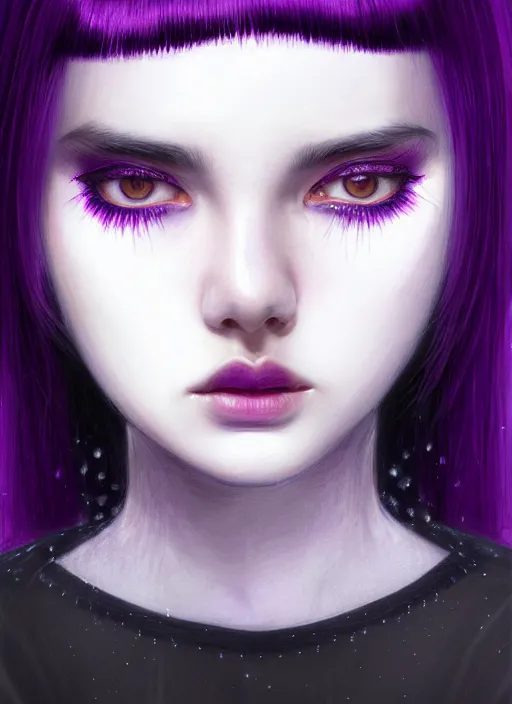 Image similar to hair blackbangs hair, white hair, blackbangswhitehair, portrait of teenage girl with black bangs, red irises, purple clothes, black bangs, bangs are white hair is black, intricate, elegant, glowing lights, highly detailed, digital painting, artstation, concept art, sharp focus, illustration, art by wlop, mars ravelo and greg rutkowski