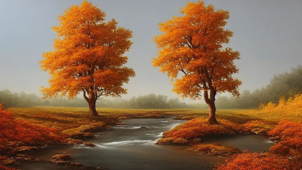 Prompt: A beautiful oil painting of a single tree, the tree is in the rule of thirds, a person is under the tree reading a book, the fall has arrived and the leafs started to become golden and red, the river is flowing its way, the river has lots of dark grey rocks, oil painting by Greg Rutkowski