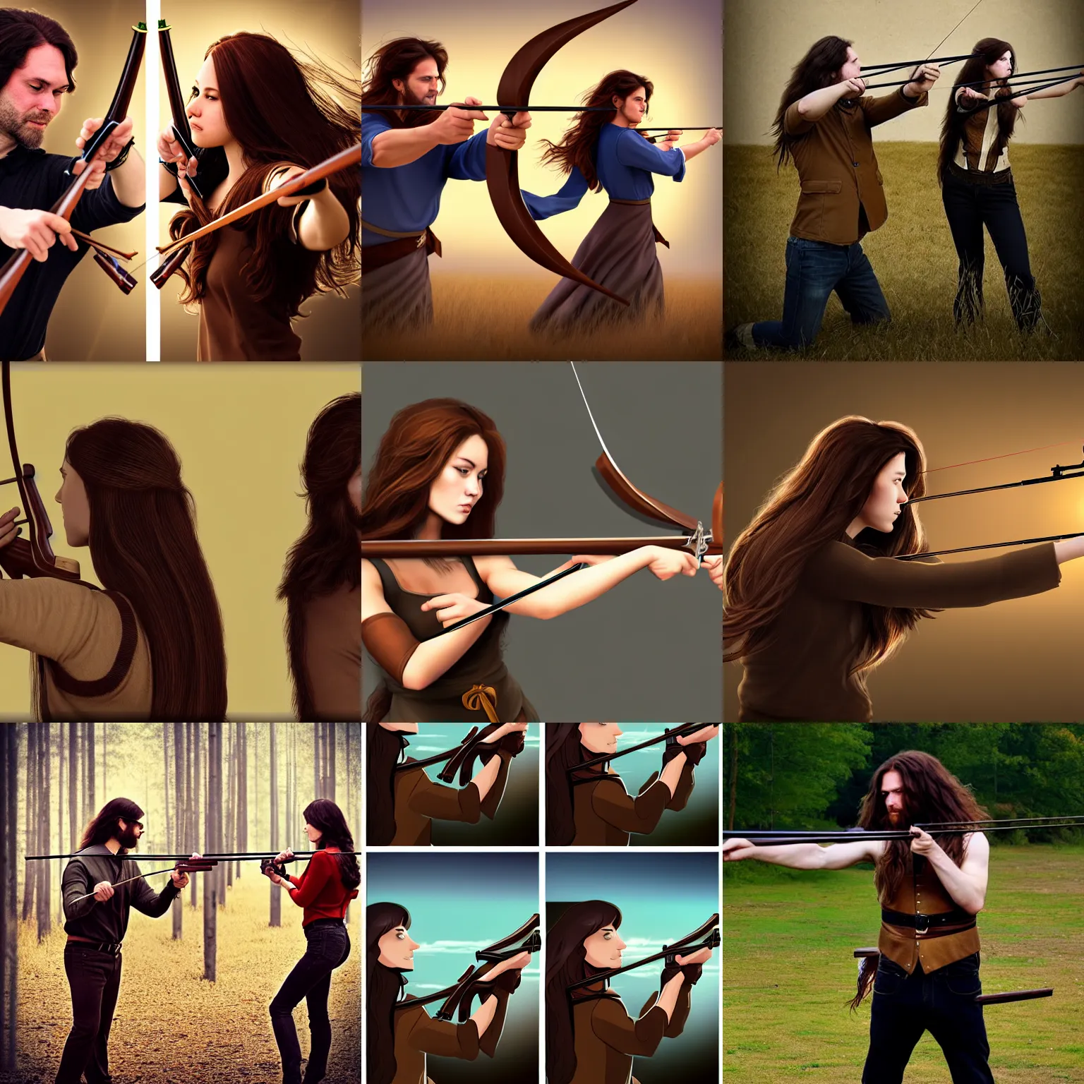 Prompt: two shot of a man and woman with long brown hair shooting a bow side by side, trending on artstation, rule of thirds,