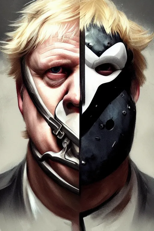 Image similar to Boris Johnson as a Bane from Dark Knight, Boris Johnson hairstyle, realistic portrait, symmetrical, highly detailed, digital painting, artstation, concept art, smooth, sharp focus, illustration, cinematic lighting, art by artgerm and greg rutkowski and alphonse mucha