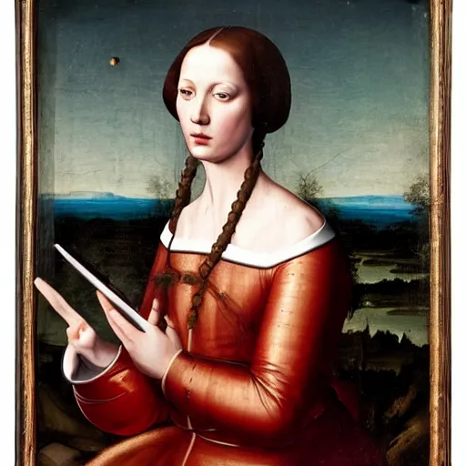 Image similar to Renaissance painting of a royal female cosmonaut using a computer