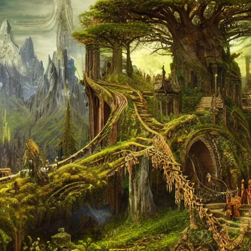 Prompt: a beautiful and highly detailed oil painting of an elven kingdom deep in the lush mountains, tangled wooden structures, stone brick structures, ancient runes, intricate details, epic scale, insanely complex, 8 k, sharp focus, hyper realism, fantasy landscape, psychedelic, by caspar friedrich and brian froud,