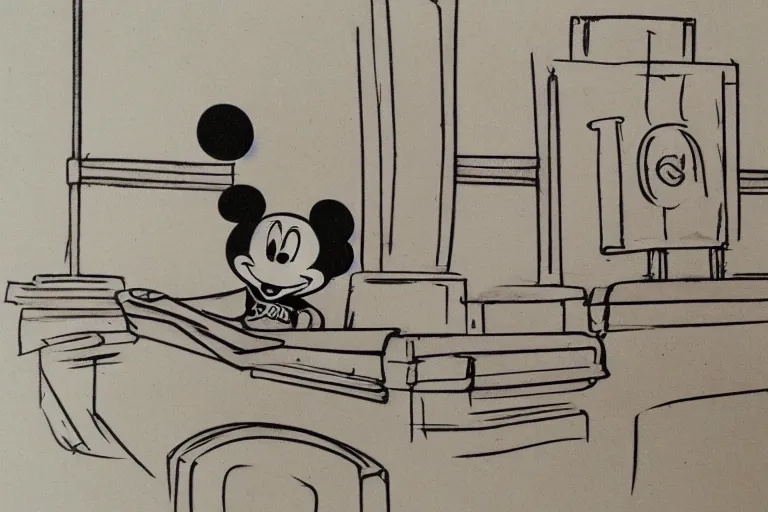 Image similar to detailed background courtroom sketch of vintage disney character mickey mouse presenting evidence of copyright infringement to the judge bench court room wooden serious dark tone vintage early cel animation