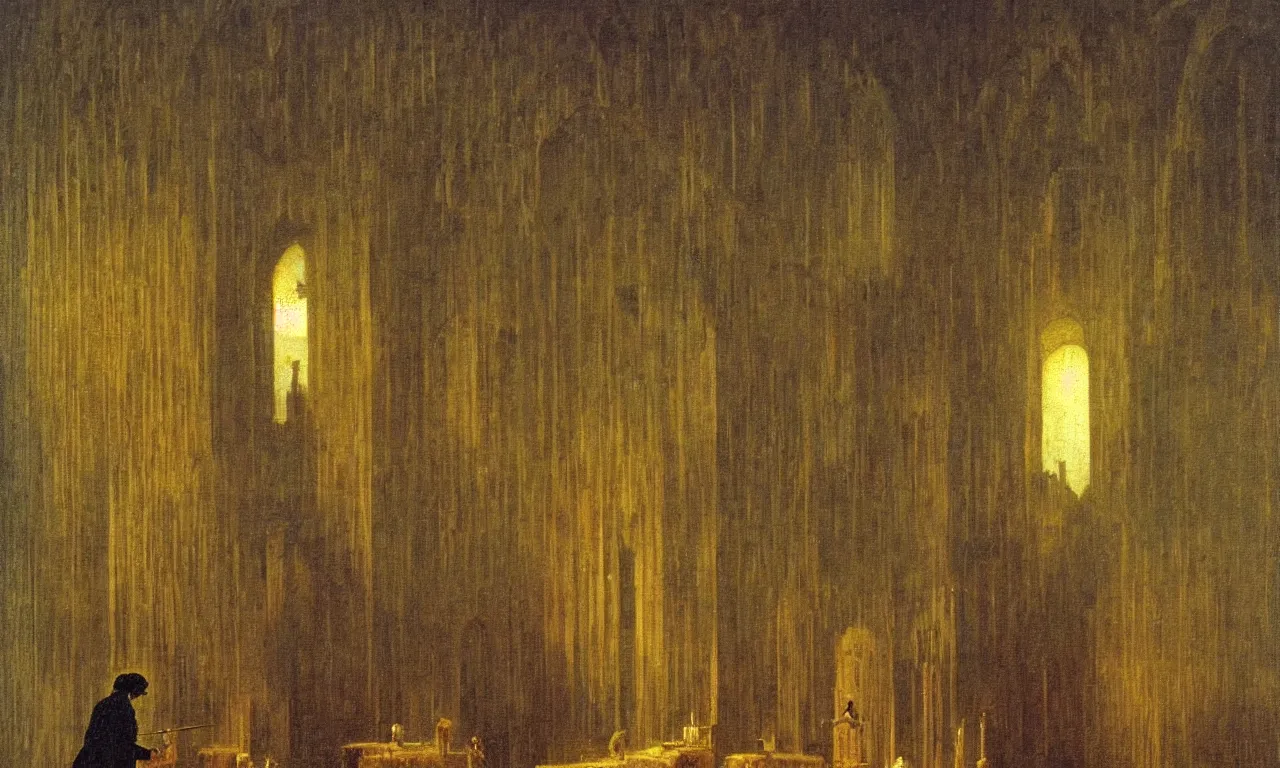 Prompt: a hamster gives a sermon in a matchstick cathedral caspar david friedrich dramatic oil painting