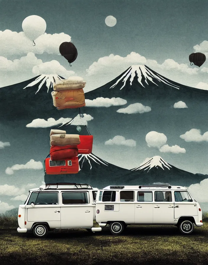 Image similar to vw camper touring rural japan, a collage painting, in the style of wes anderson, lola dupre, david hockney, isolated on negative white space background dark monochrome fluorescent spraypaint accents volumetric octane render, no double figure