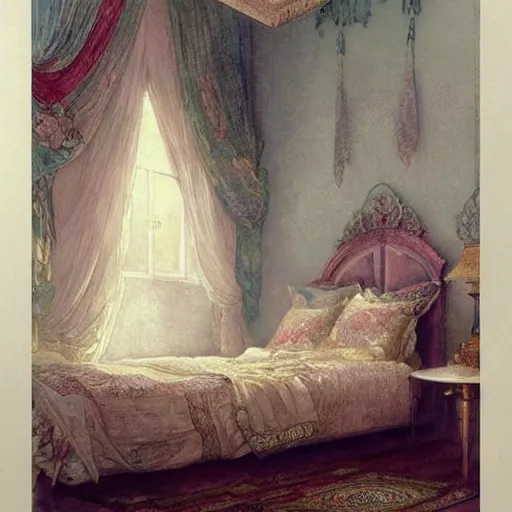 Image similar to a beautifull intricate watercolour painting of a bed room, reflexions, verry high details by william turner art, greg rutkowski and alphonse mucha, trending on artstation, very very detailed, masterpiece, muted colors