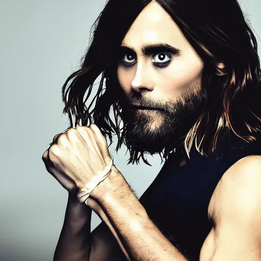 Prompt: close up photo of a closed fist hitting the face of jared leto and breaking his nose