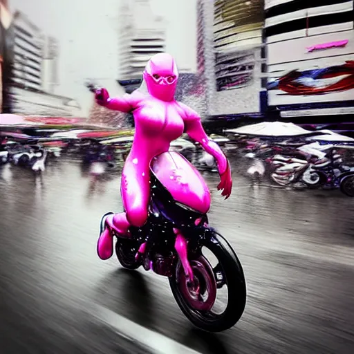 Image similar to hyper realistic, photo, humanoid pink female Squid girl, popping motorcycle wheelie on fast in the rainy city traffic