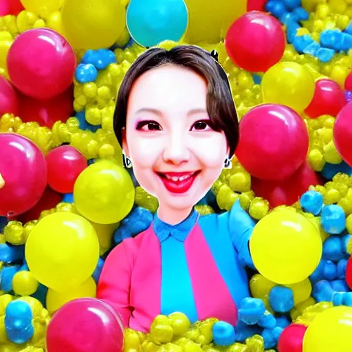 Image similar to a caricature of im nayeon of twice, colorful, bubbles, candy - coated, sugary sweet, yellow and blue