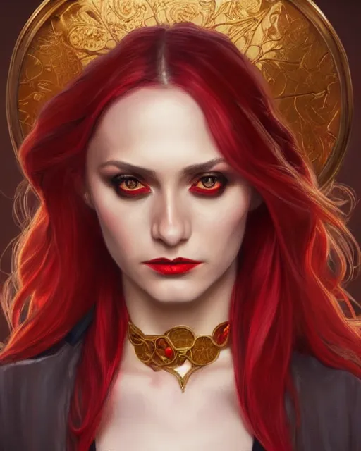 Image similar to female queen vampire, perfect face, gold waistcoat, red shirt, long grey hair, red necktie, cinematic, stunning, highly detailed, digital painting, artstation, smooth, hard focus, illustration, art by artgerm and greg rutkowski and alphonse mucha