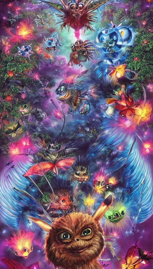 Image similar to gremlins vs mothra art by Noriyoshi Ohrai and Lisa Frank