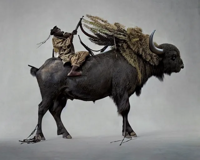 Image similar to incredible strange evocative artwork of buffalo hunters, buffalo midnight, l in the style of tim walker fashion photography, legend of buffalo hunters