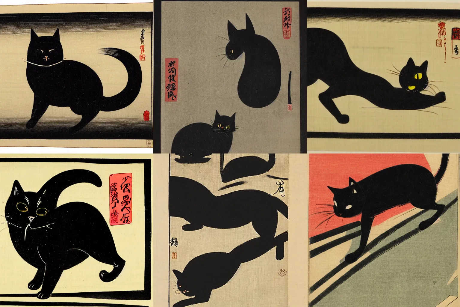 Prompt: japanese woodblock print of a black cat walking down a street at night