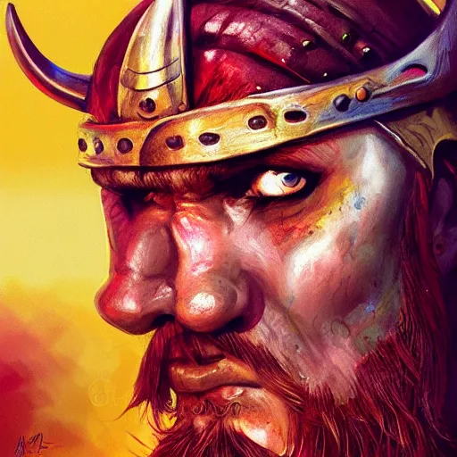 Image similar to Bright, colorful, realistic Viking rpg single individual headshot gore covered scream dramatic backlighting, kodachrome, high contrast, highly detailed, sharp focus, digital painting, concept art, illustration, trending on artstation, comic book by Alex Ross cover art