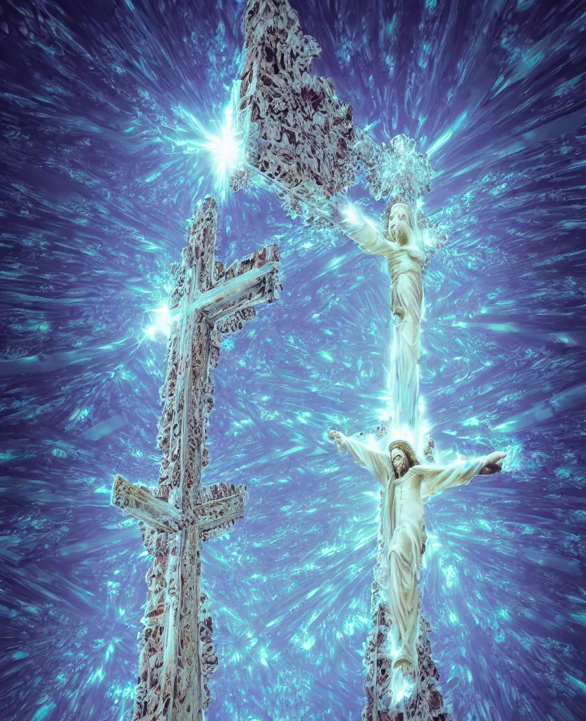 Prompt: a crystalline 3 d mandelbulb fractal in the shape of jesus christ on the cross, bioluminescent opal, fractal, magnificent lighting, ethereal, ray tracing, octane, holographic