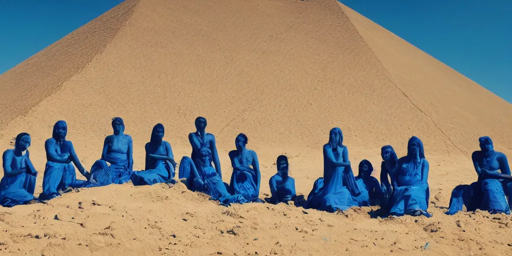 Image similar to people with blue bodies, raising pyramid out of the sands, wide angle, cinematic atmosphere, elaborate, highly detailed, dramatic lighting