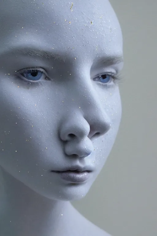 Image similar to full head and shoulders, beautiful porcelain female person, large electrical gold sparks, glowing lightening, delicate facial features, white detailed eyes, white lashes, on black background, by daniel arsham and james jean