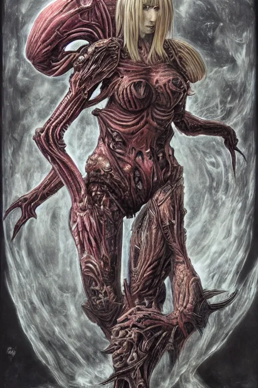 Image similar to portrait of samus metroid by hr giger and wayne barlowe as a diablo, dark souls, bloodborne monster, veiled necromancer lich bride