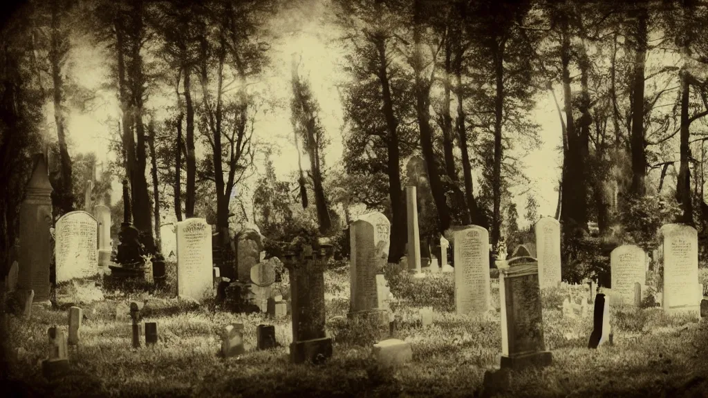 Prompt: double-exposure close up of a person in victorian dress, and a scene of a few tombstones in a forested cemetery from a Tim Burton and Wes Anderson movie, style of pinhole photography,