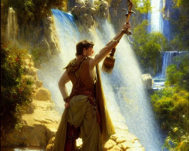 Prompt: attractive male wizard casting time magic, stopping water from a waterfall. highly detailed painting by gaston bussiere, craig mullins, j. c. leyendecker 8 k