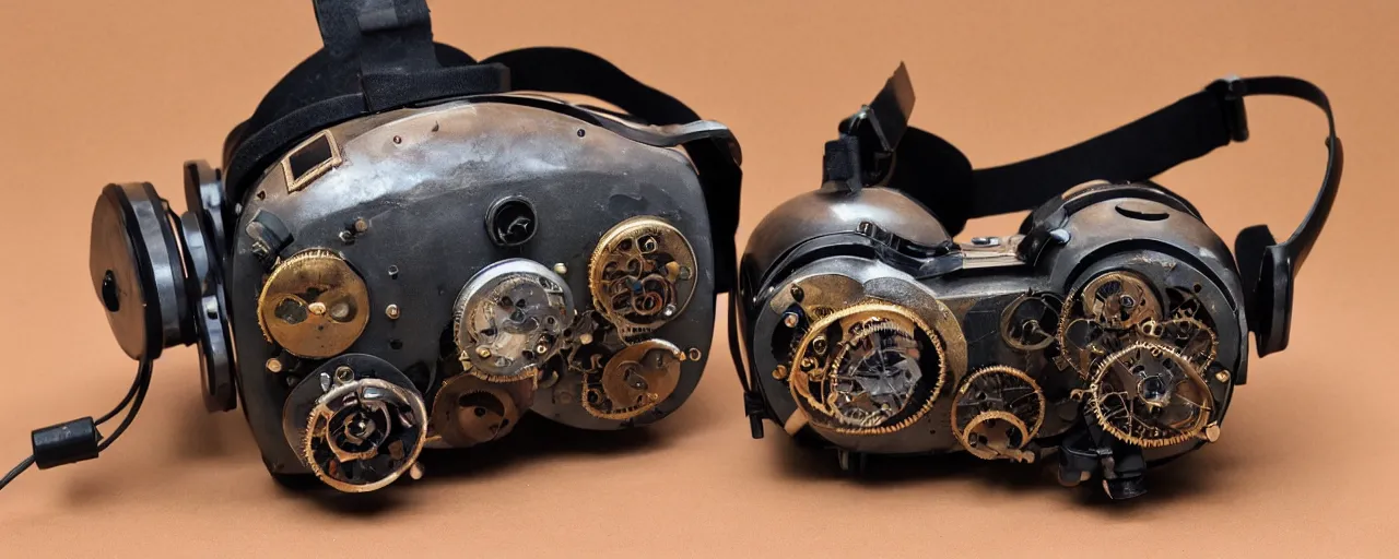 Prompt: advanced complex steampunk VR headset, vintage photo