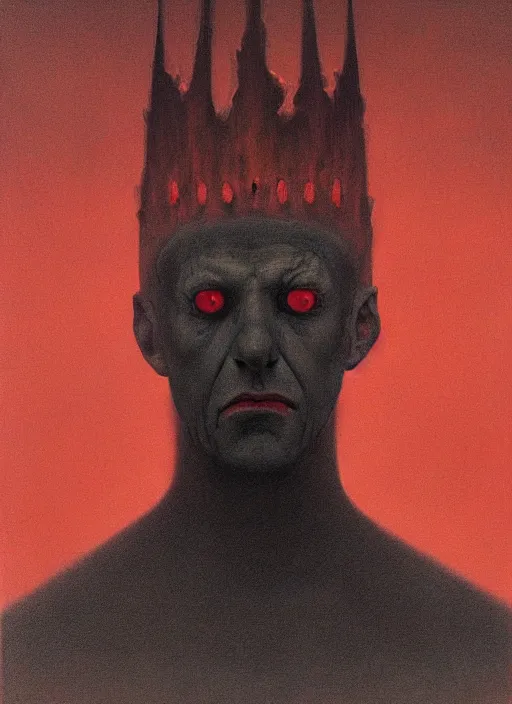 Prompt: lord loss, demon master, king of hell & sorrow, book portrait, pale red, lumpy skin, he has very dark - round red sad eyes with even darker red pupils. tiny cracks in skin seep, symmetric lights and fog, in the style of zdzislaw beksinski, glowing light and shadow, hyperrealist, 8 k