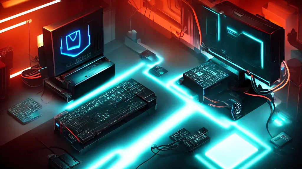 Prompt: a cyberpunk overpowered computer. Overclocking, watercooling, custom computer, cyber, mat black metal, alienware, futuristic design, desktop computer, desk, home office, whole room, minimalist, Beautiful dramatic dark moody tones and lighting, orange neon, Ultra realistic details, cinematic atmosphere, studio lighting, shadows, dark background, dimmed lights, industrial architecture, Octane render, realistic 3D, photorealistic rendering, 8K, 4K, computer setup, highly detailed