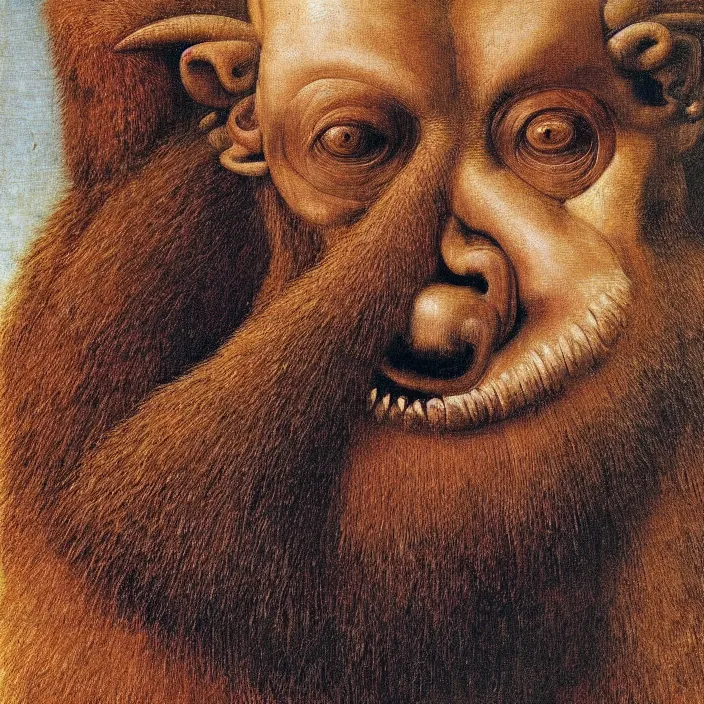 Image similar to close up portrait of a mutant monster creature with mandrill - like nose, baldness, needles portruding through the cheeks, painted forehead, medusae beard. jan van eyck