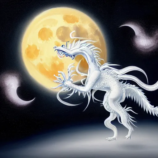 Image similar to a painting of a long white chinese dragon dancing in front of the moon, illustration, shiny, full resolution, full lights, sharp focus, Artstation, intricate, ethereal, highly detailed, smooth,