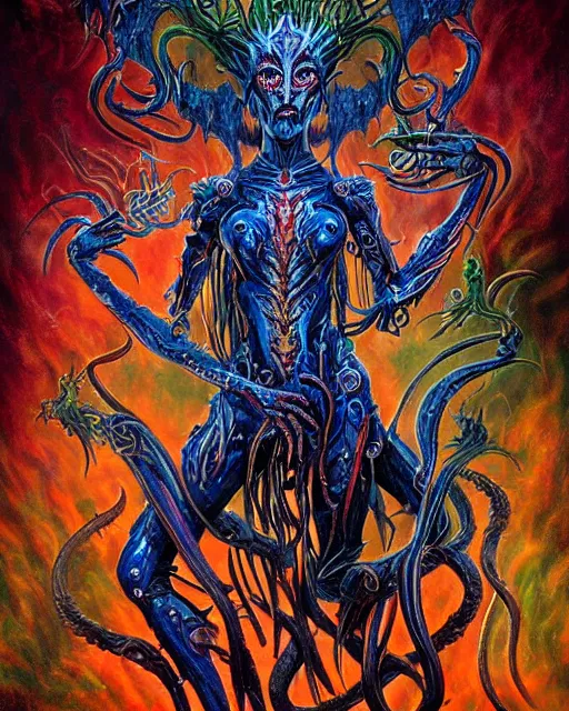 Prompt: silver mechanical charred bloody fleshmetal cyborg daemonhost woman psychedelic flamer of tzeentch with extra arms, blue and green rainbow fire, by antonio j. manzanedo, alex grey, android jones, wayne barlowe, philippe druillet, josephine wall, harumi hironaka, cronenburg, trending on artstation