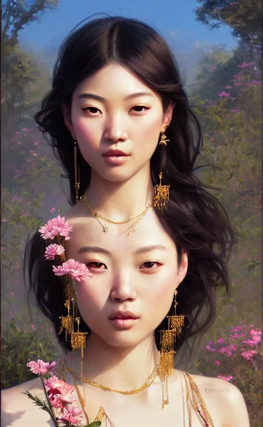 Image similar to a beautiful young charming asian goddess with sundress and jewelry | | winter, realistic shaded, unpleasant face, good looking, fine details, dior, lv, realistic shaded lighting poster by greg rutkowski, macoto takahashi, magali villeneuve, artgerm, jeremy lipkin and michael garmash