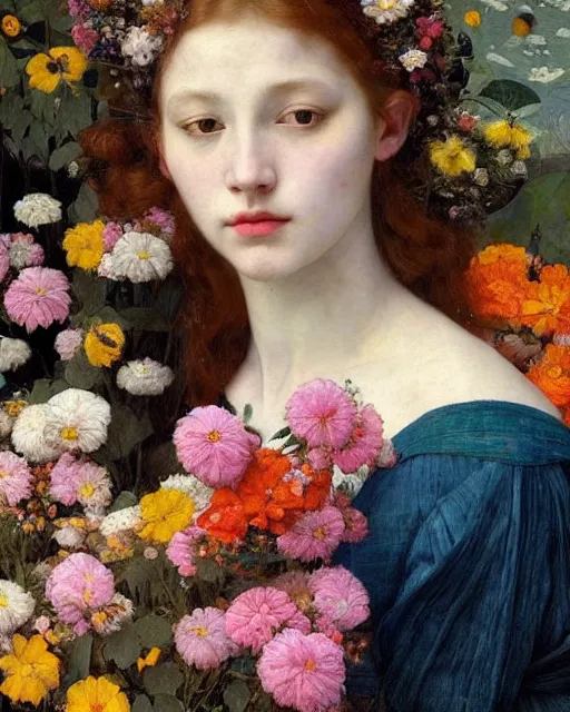 Prompt: a beautiful girl surrounded by colourful flowers, by edgar maxence and caravaggio and michael whela, dramatic lighting, artistic, intricate drawing, light brazen, realistic fantasy, extremely detailed and beautiful aesthetic face, 8 k resolution, dramatic lighting