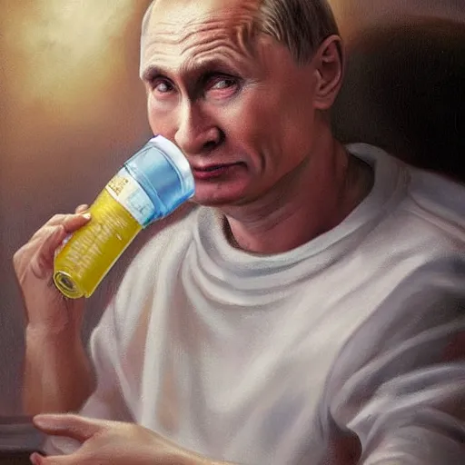 Image similar to hyperrealistic painting of very ill Vladimir Putin wearing an oxygen mask on a death bed inhaling from Copium tank, dimly lit cozy tavern, leather tunic, confident relaxed pose, d&d, stunning 3d render inspired art by Tim Okamura and Lise Deharme + perfect facial symmetry + dim volumetric lighting, 8k octane beautifully detailed render, post-processing, extremely hyperdetailed, intricate, epic composition, grim yet sparkling atmosphere, cinematic lighting + masterpiece, trending on artstation, very very detailed, masterpiece, stunning