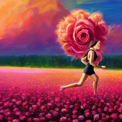 Image similar to giant rose flower head, full body girl running through a flower field, surreal photography, sunrise, dramatic light, impressionist painting, colorful clouds, digital painting, artstation, simon stalenhag